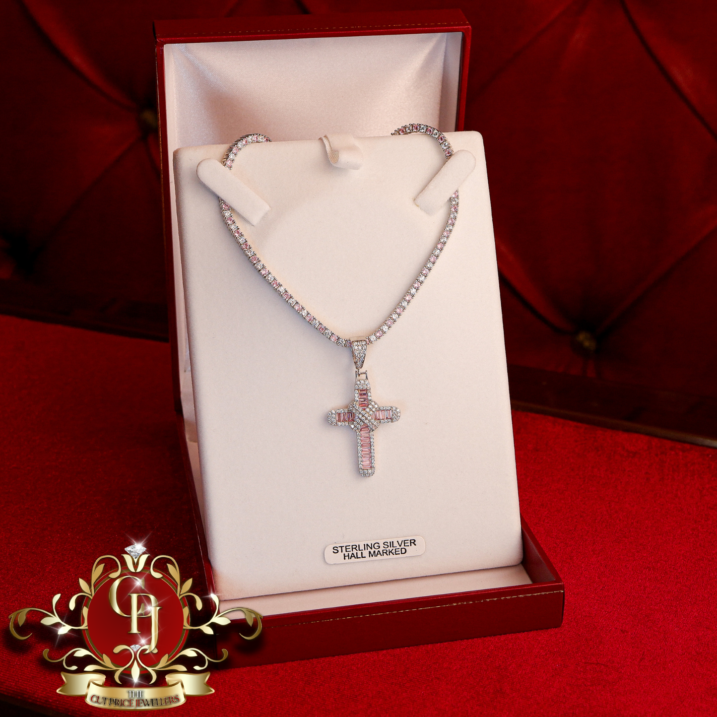 Sterling Silver "Nevada" Tennis Chain & Cross with Pink Cubic Zirconia | The Cut Price Jewellers