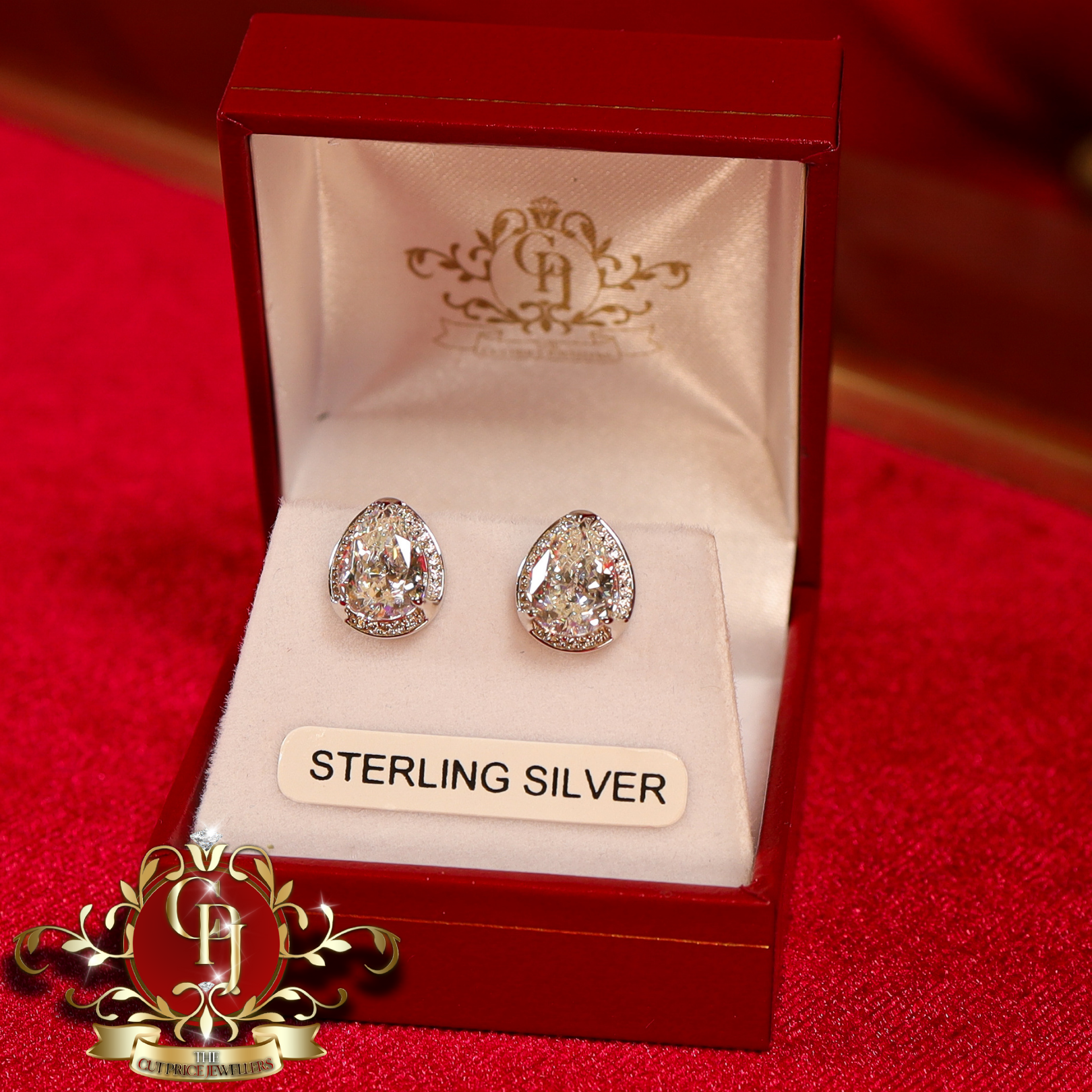 Large Pear Stud Earrings (Sterling Silver with Cubic Zirconia)