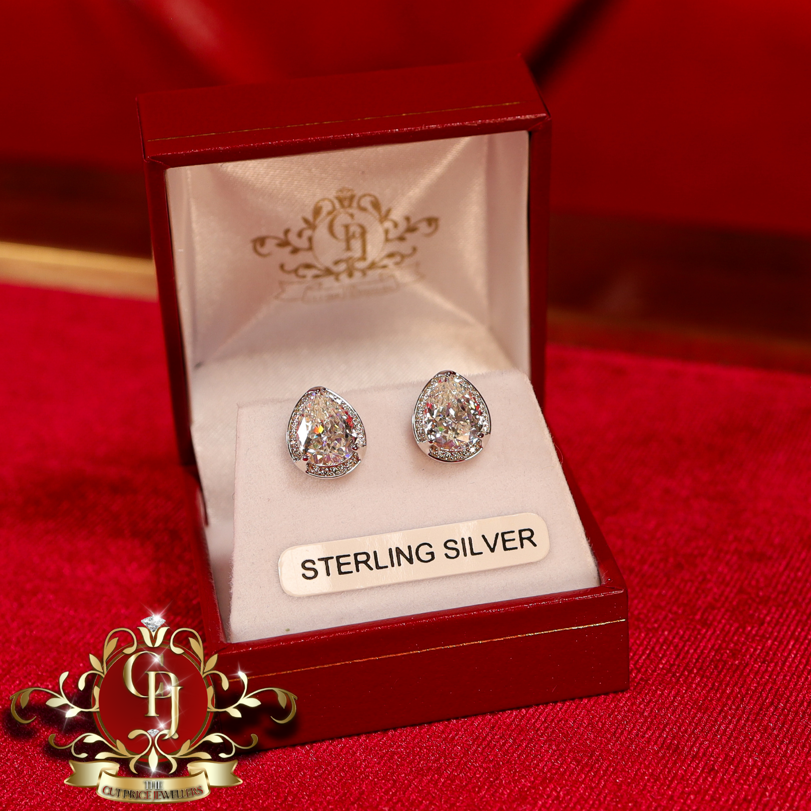 Large Pear Stud Earrings (Sterling Silver with Cubic Zirconia)
