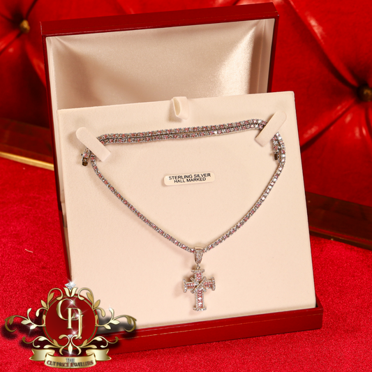 Sterling Silver "Nola" Tennis Chain & Cross with PinkCubic Zirconia | The Cut Price Jewellers