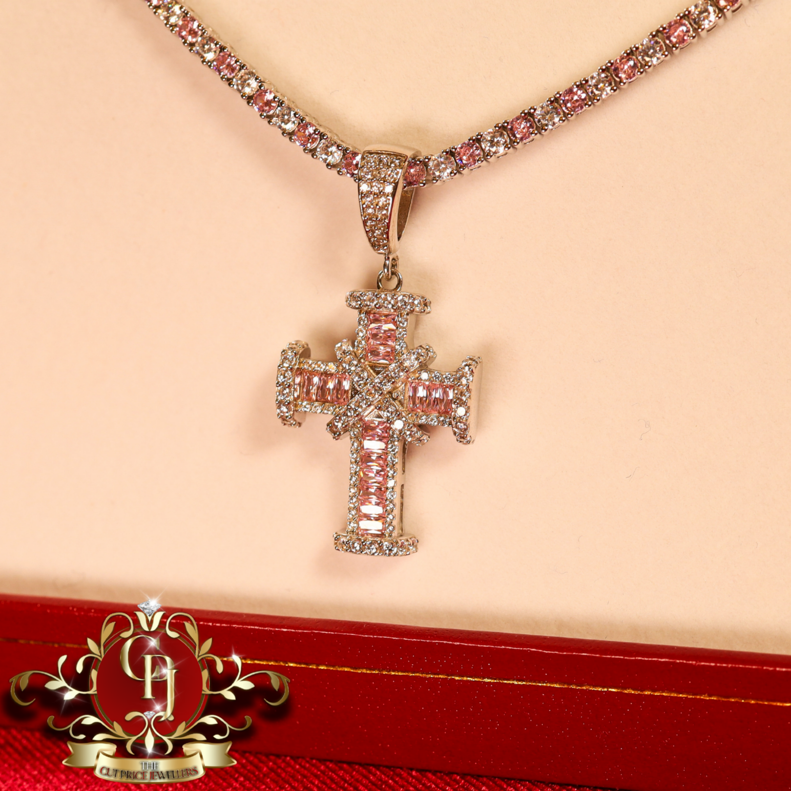Sterling Silver "Nola" Tennis Chain & Cross with PinkCubic Zirconia