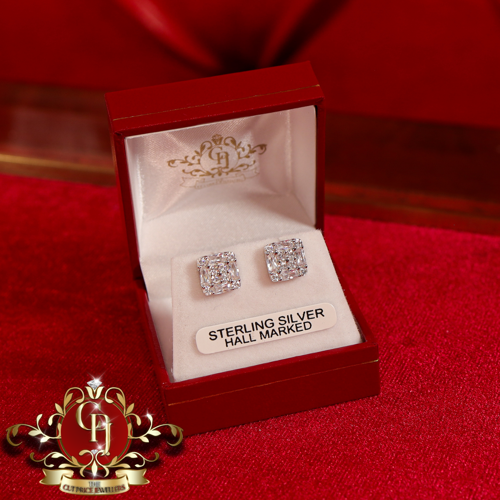 Square Stud Earrings (Sterling Silver with Cubic Zirconia)