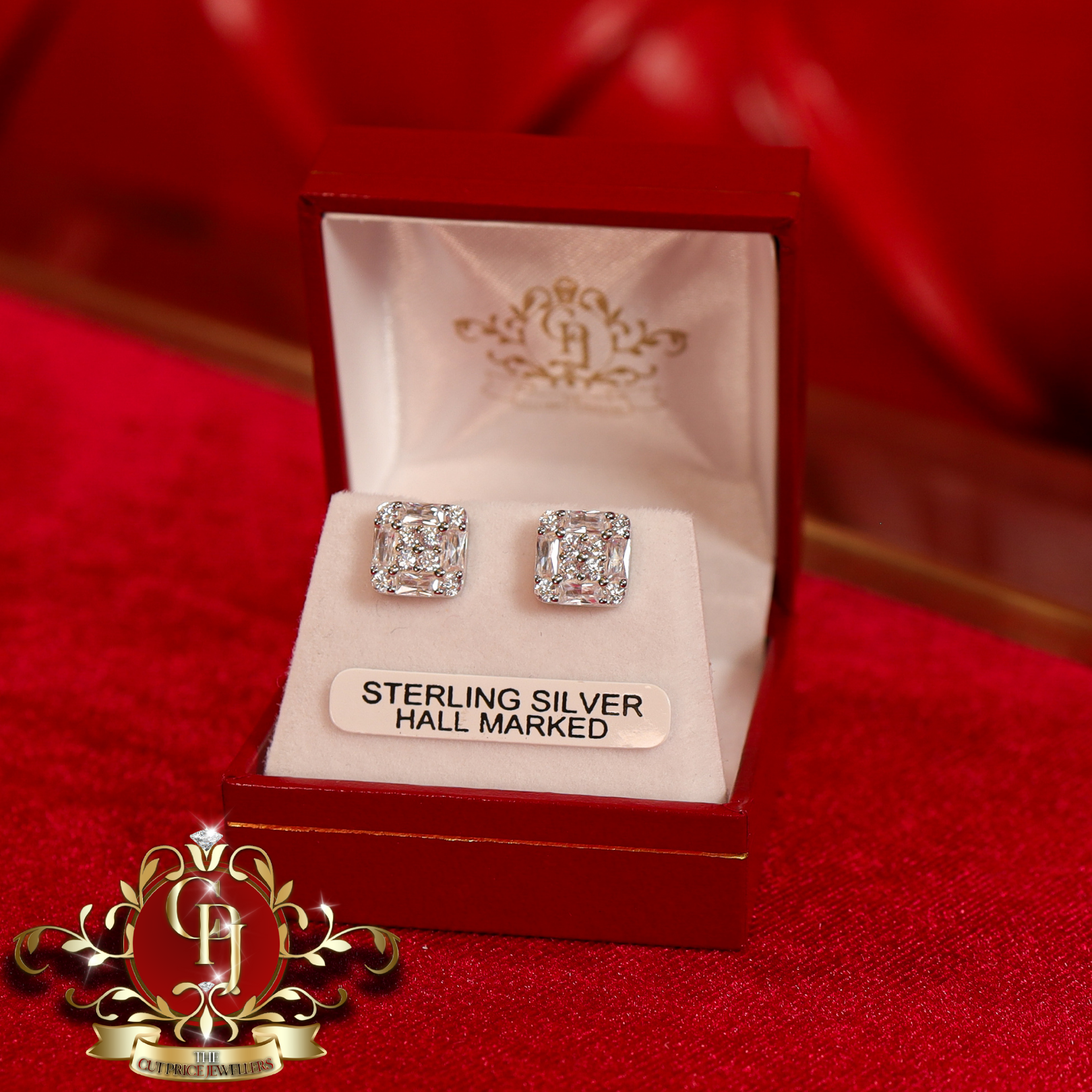 Square Stud Earrings (Sterling Silver with Cubic Zirconia)
