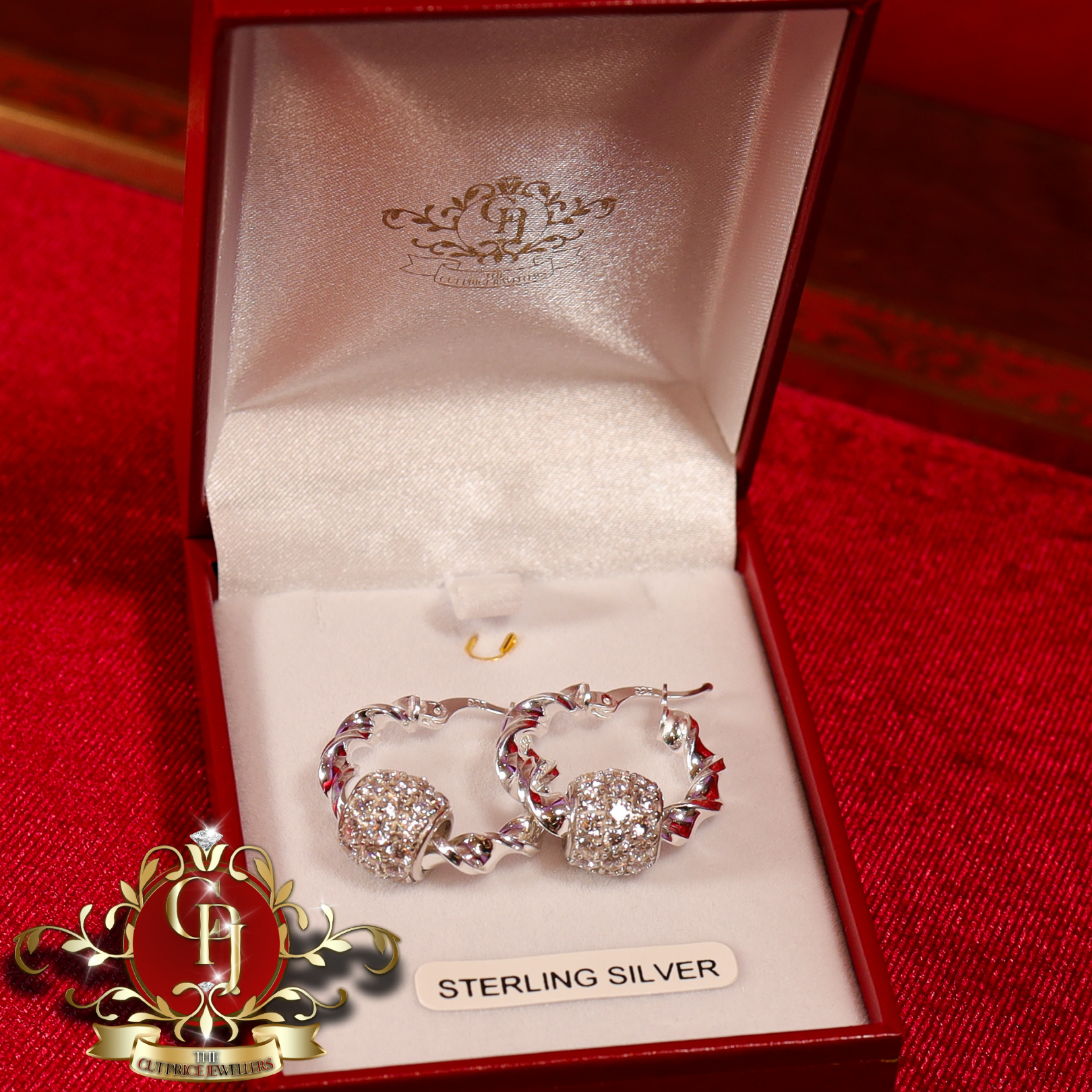 Sterling Silver Twist Hoops with Cubic Zirconia Balls (2 Sizes Available)