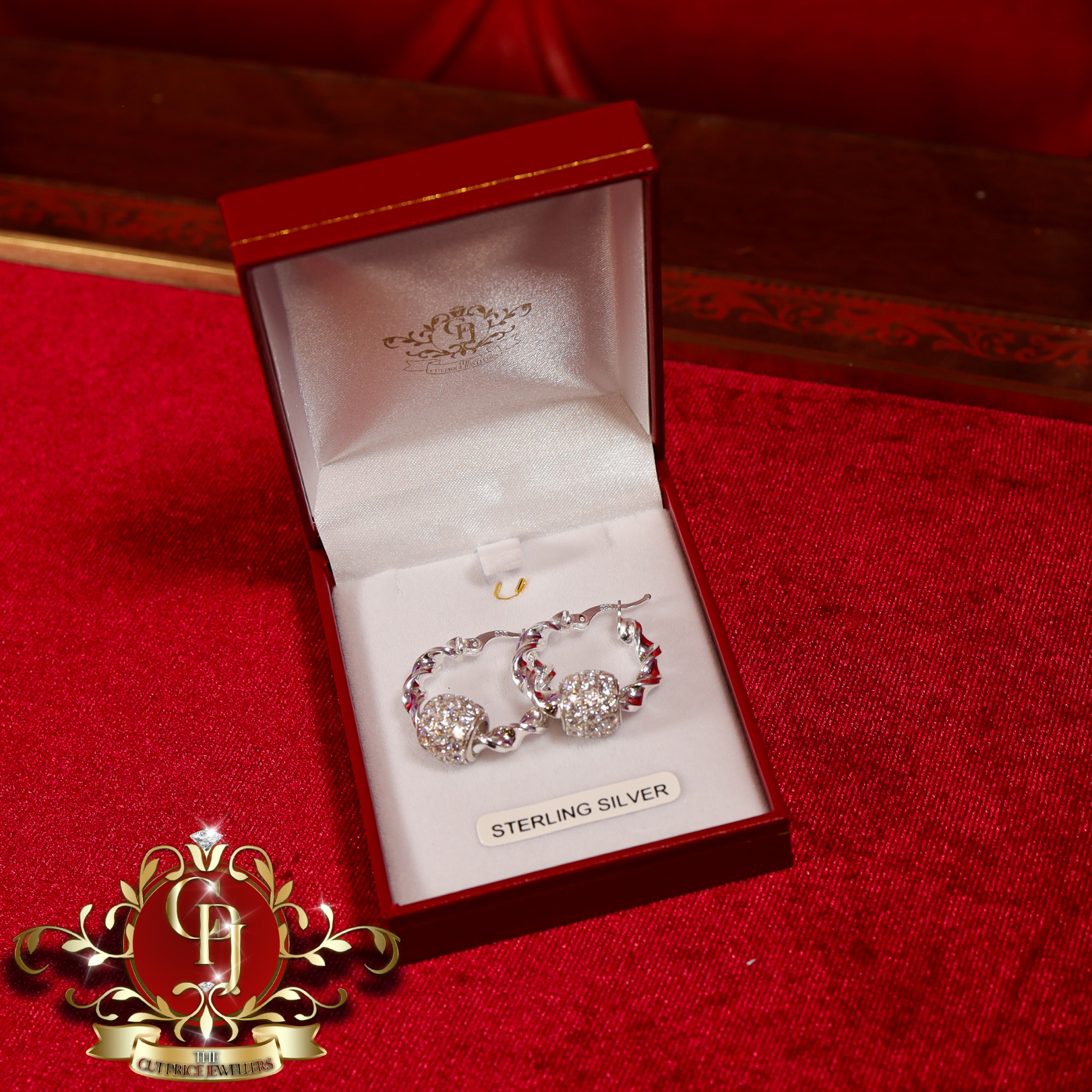 Sterling Silver Twist Hoops with Cubic Zirconia Balls (2 Sizes Available)