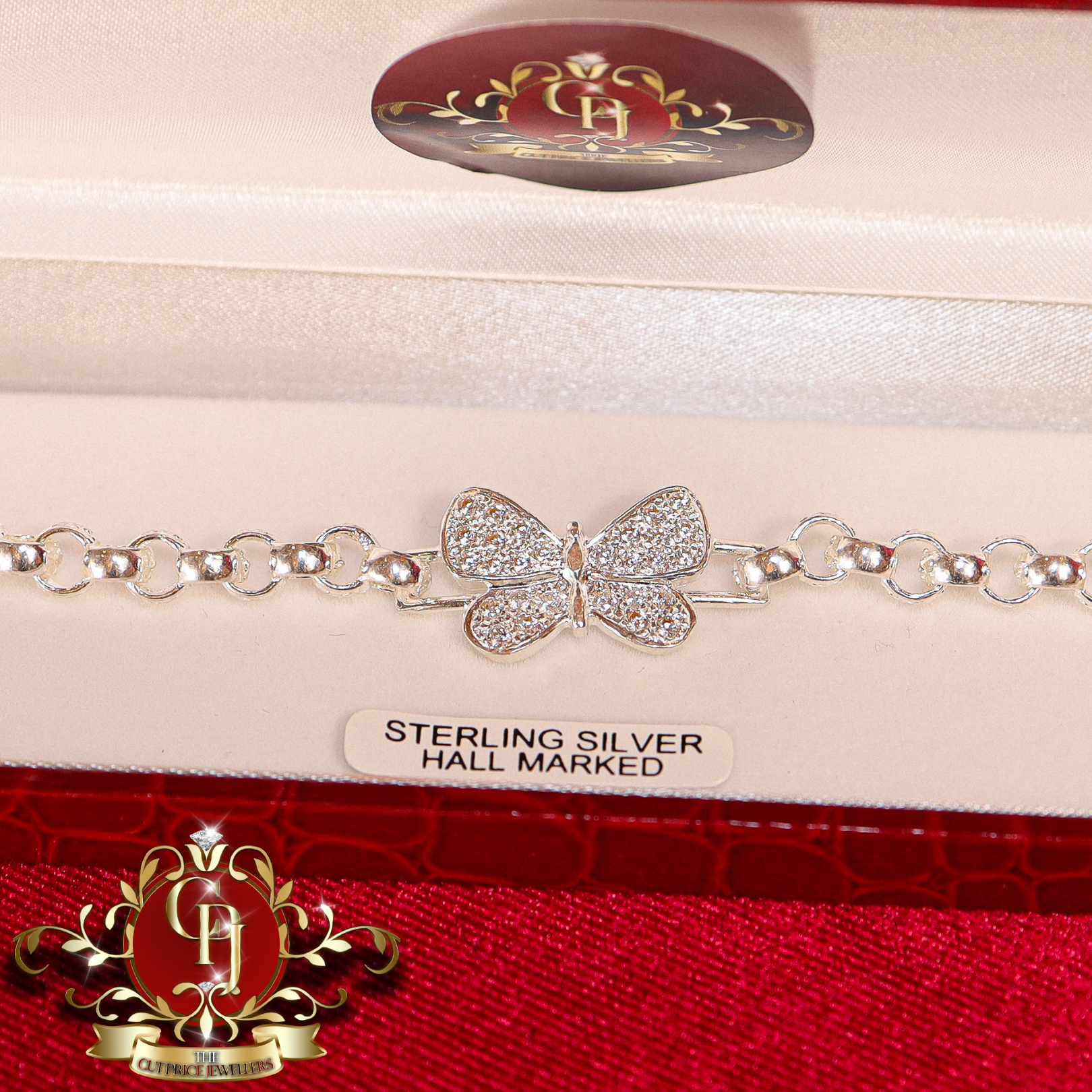 Butterfly Sterling Silver Belcher Bracelet with Cubic Zirconia