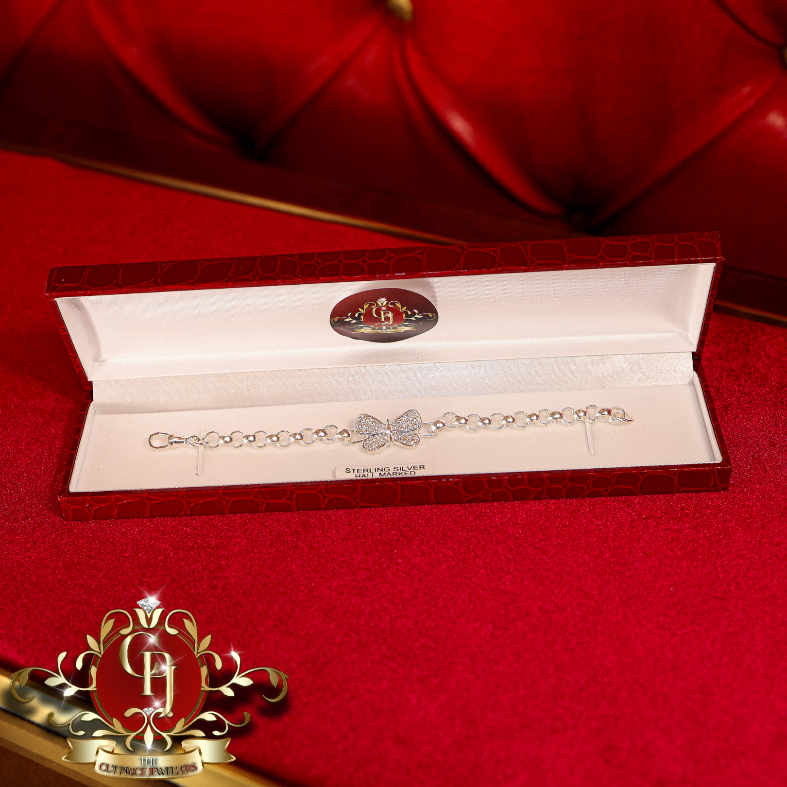 Butterfly Sterling Silver Belcher Bracelet with Cubic Zirconia