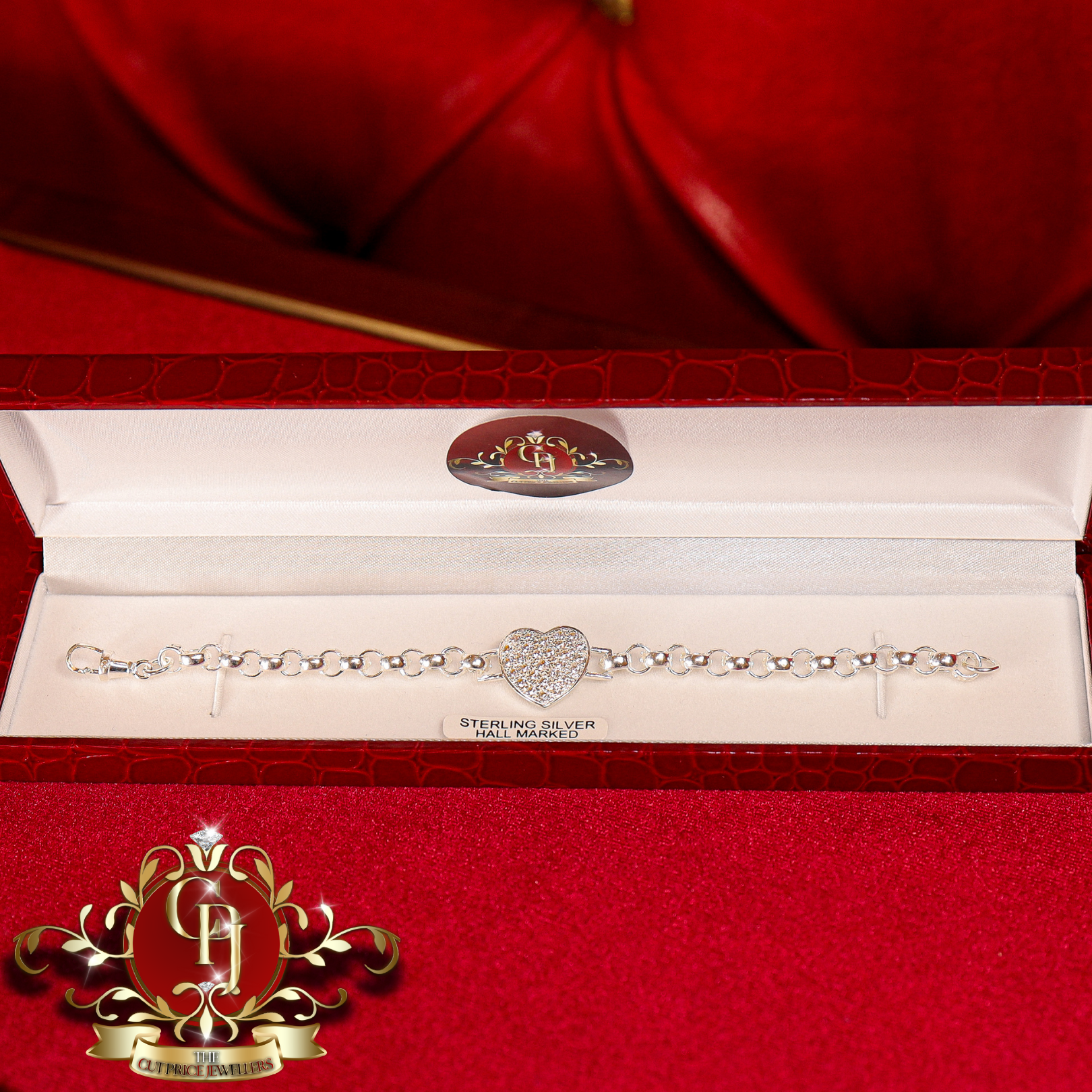 Single Heart Sterling Silver Belcher Bracelet with Cubic Zirconia
