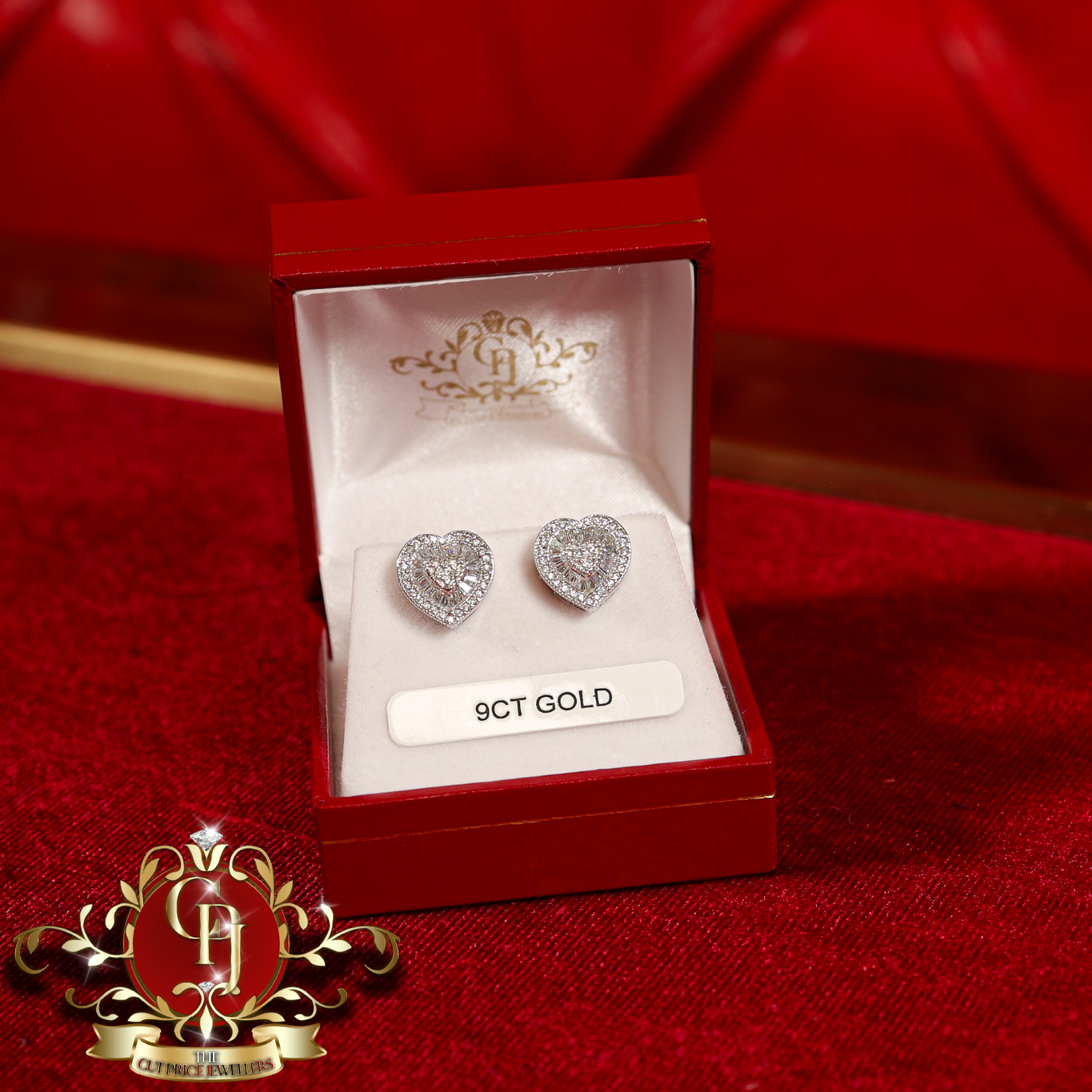 9ct White Gold Baguette CZ Heart Stud Earrings