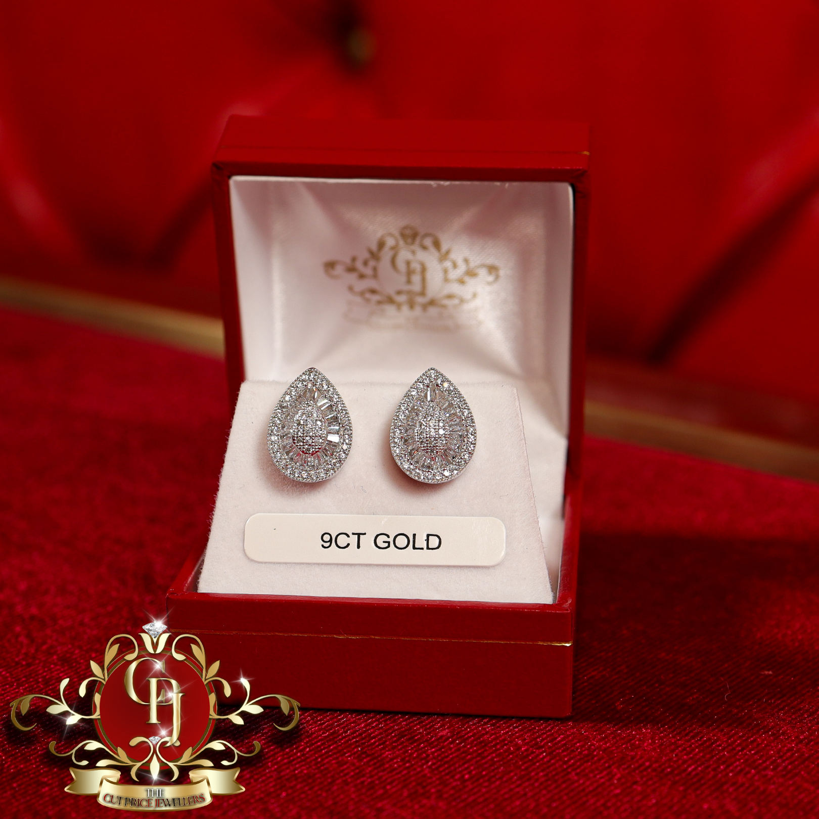 9ct White Gold Baguette CZ Pear Stud Earrings