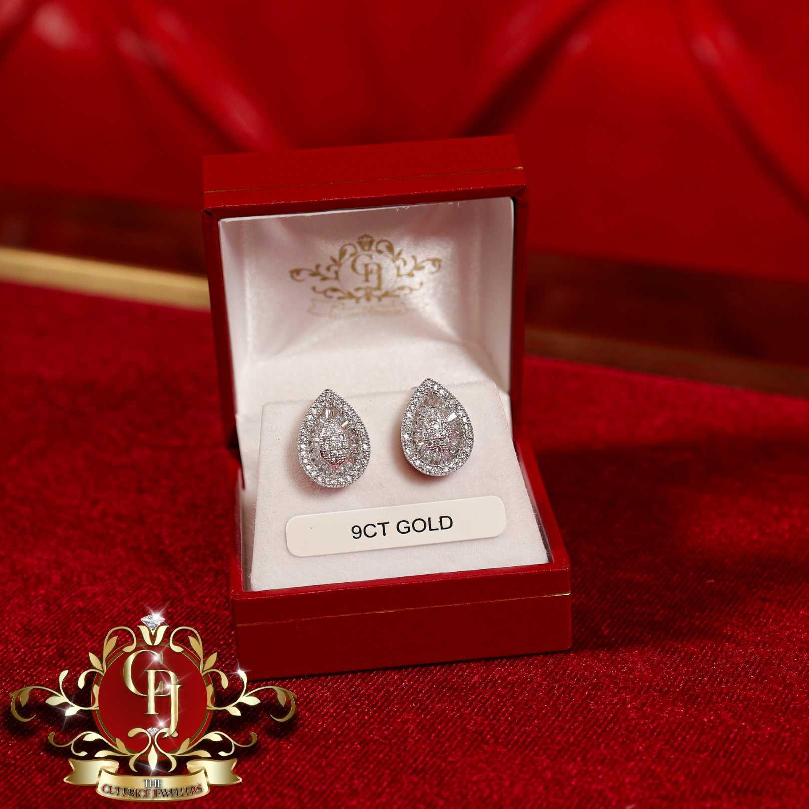 9ct White Gold Baguette CZ Pear Stud Earrings