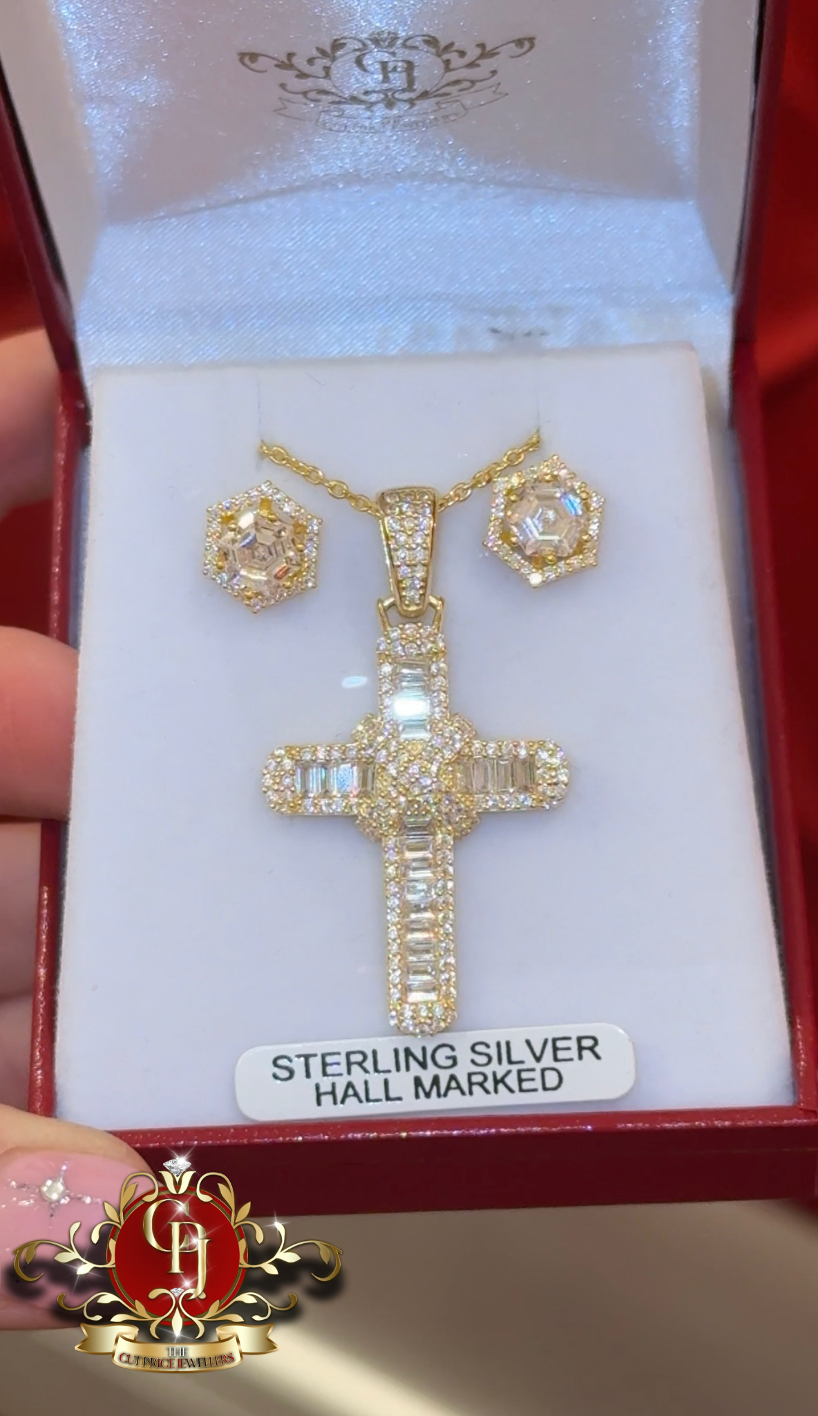 Gold-Plated Cross and Chain with Stud Earrings