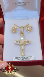 Gold-Plated Cross and Chain with Stud Earrings